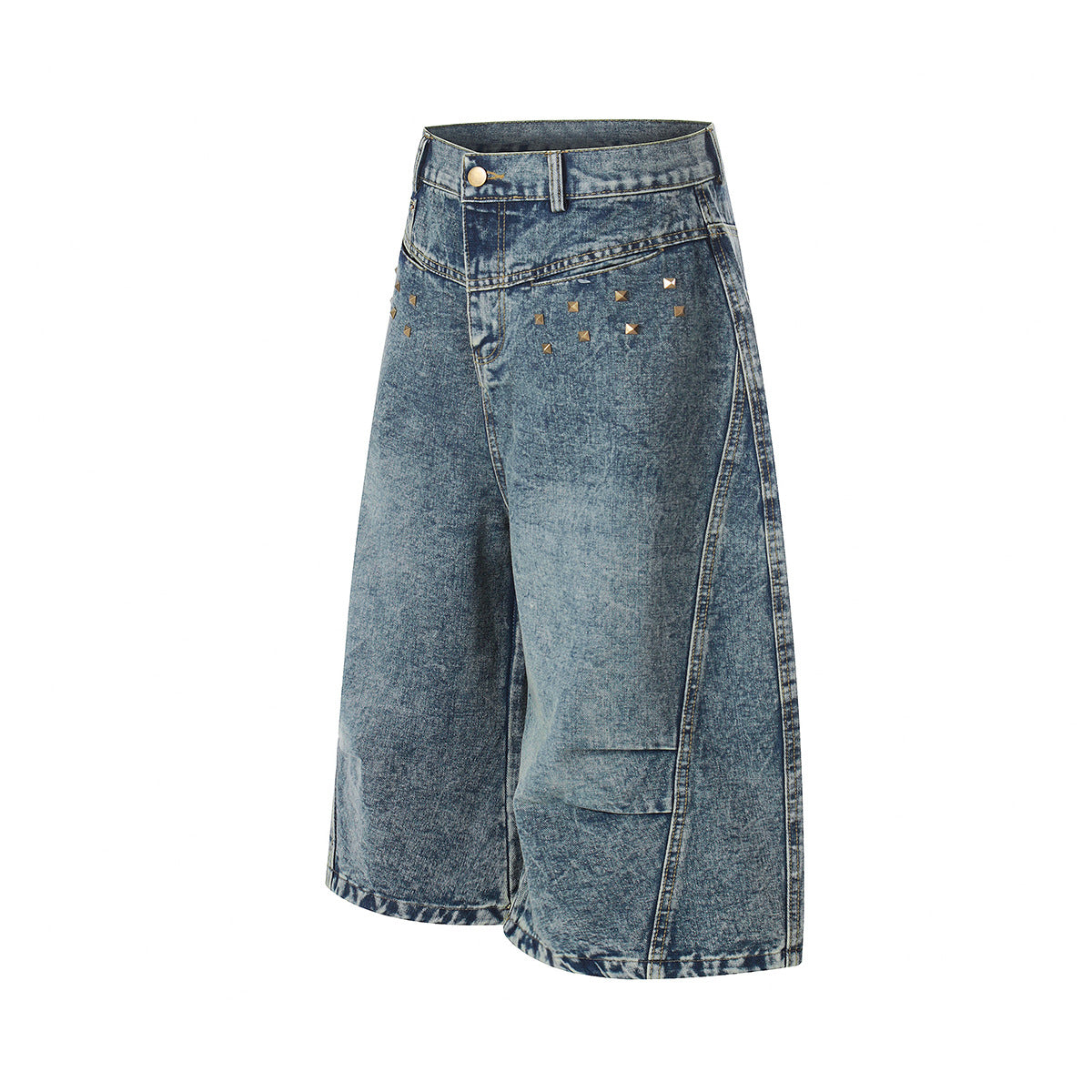 Washed Studs Panel Cropped Denim Half Jeans WN25766