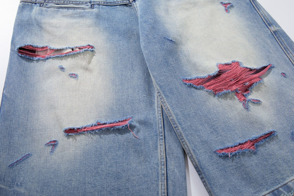 Washed Damage Graphic Denim Half Jeans WN28002