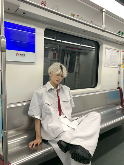 Striped Shoulder Lapel Short Sleeve Jacket & Wide Leg Pants Setup WN19777