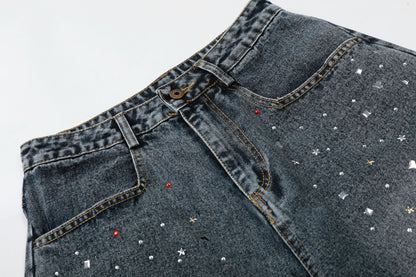 Washed Rhinestone Denim Wide Leg Half Pants WN25697
