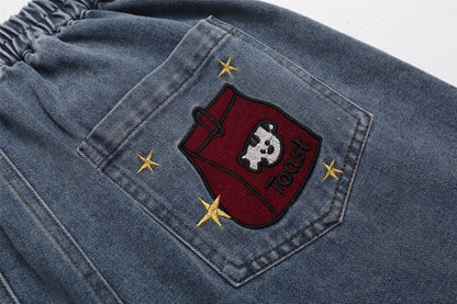 Cartoon Embroidery Wide Leg Denim Jeans WN26946
