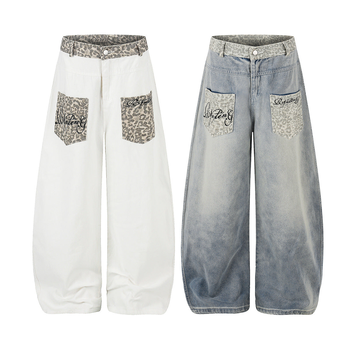Leopard Print Curved Wide Leg Denim Jeans WN25702