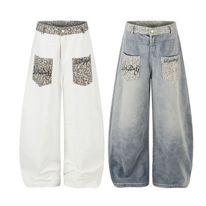 Leopard Print Curved Wide Leg Denim Jeans WN25702