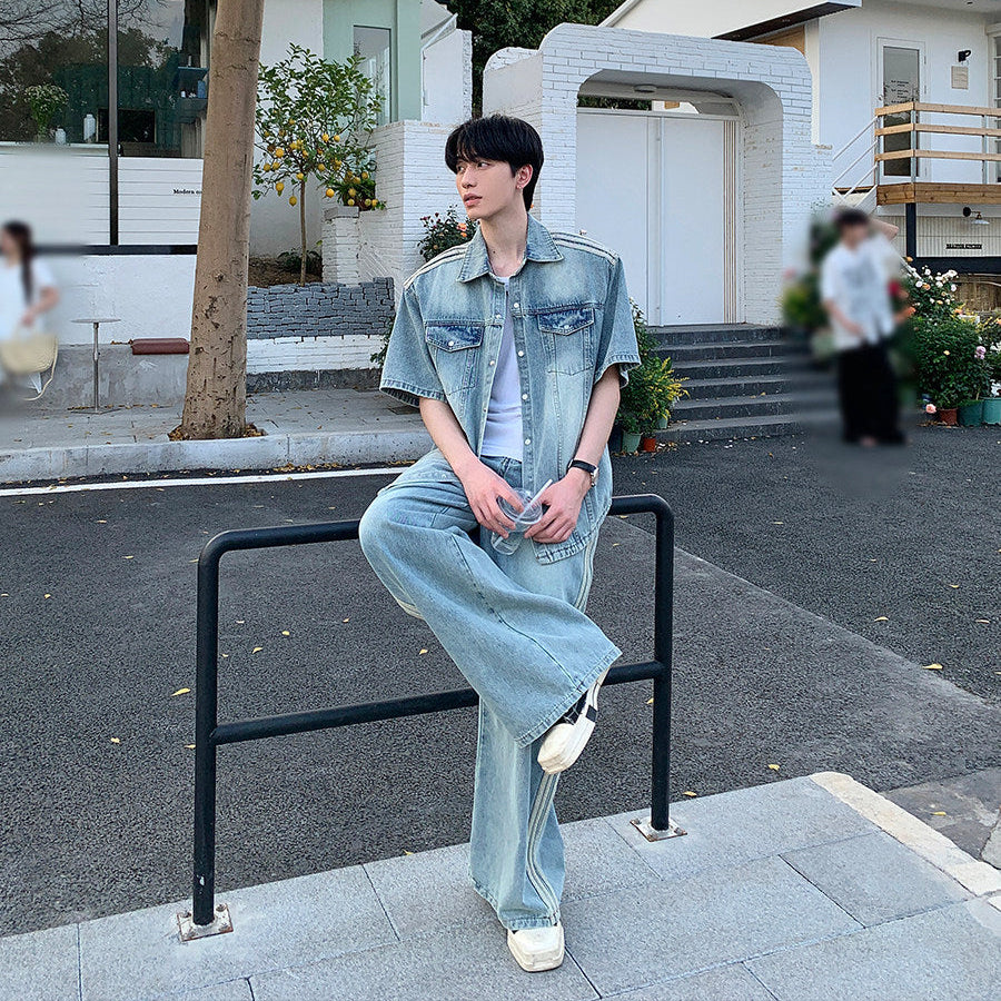Washed Denim Short Sleeve Shirt Jacket & Wide Leg Denim Jeans Setup WN24955
