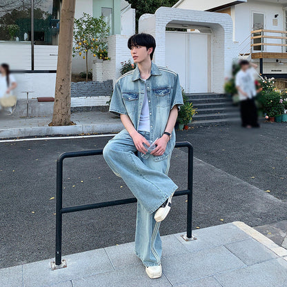 Washed Denim Short Sleeve Shirt Jacket & Wide Leg Denim Jeans Setup WN24955
