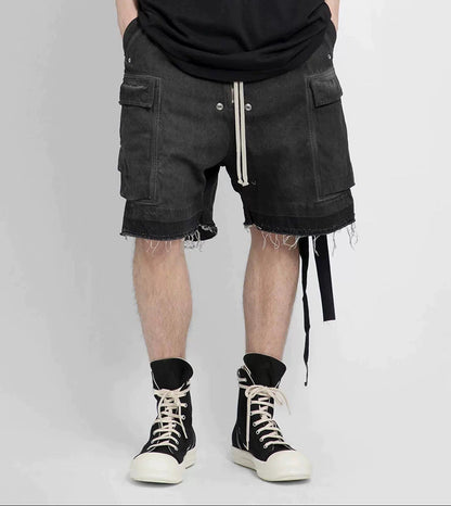 Drawstring Cargo Damage Denim Half Jeans WN25525
