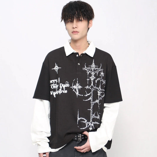 Thorn Gothic Print Fake Layered Waffle Long Sleeve T-Shirt WN21020