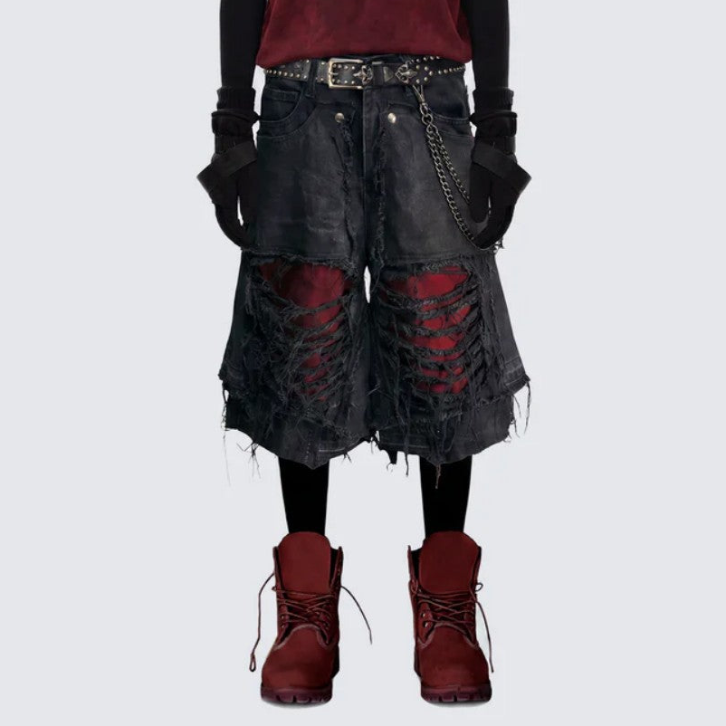 Fake Layered Damage Frayed Wide Leg Denim Half Jeans WN28067