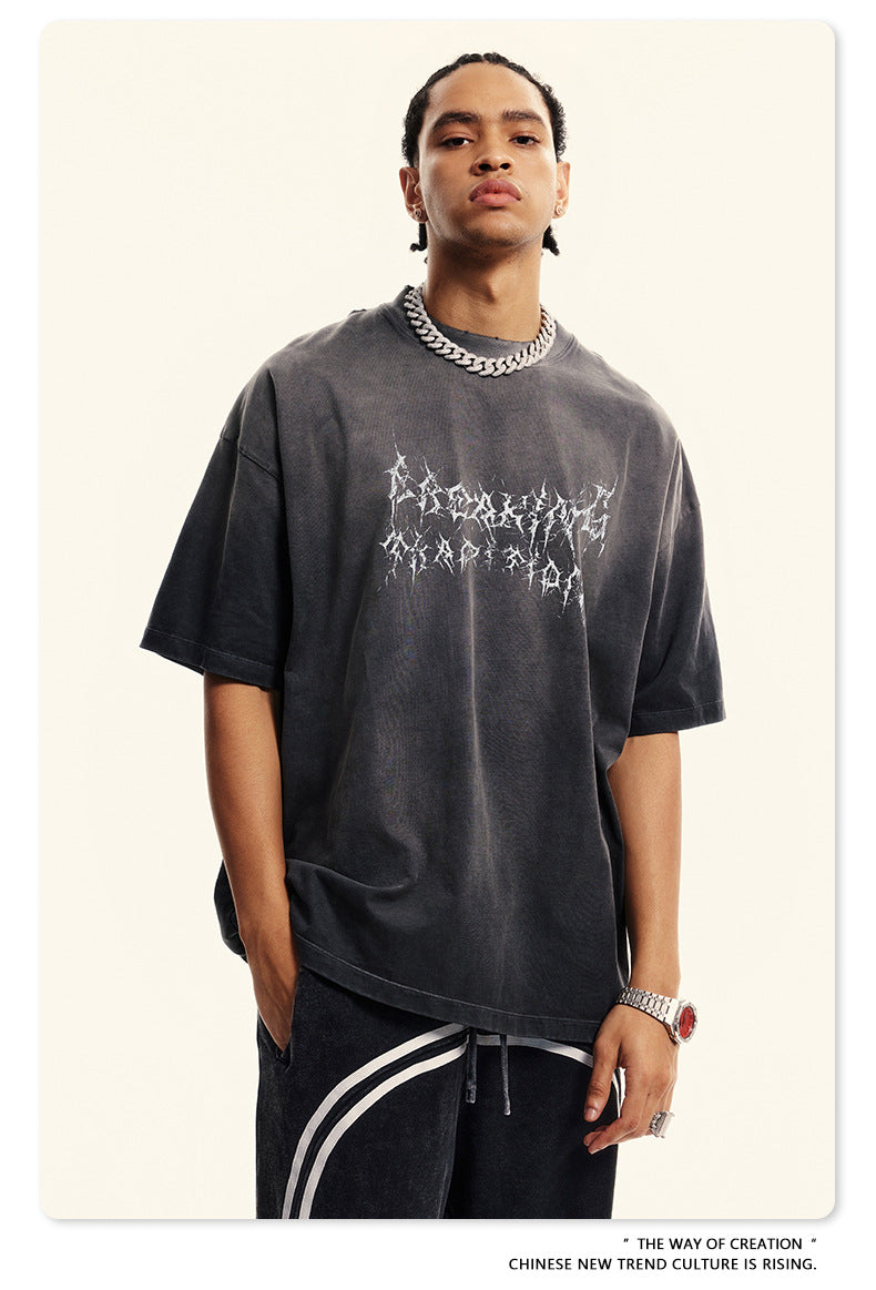 Washed Damage Print Oversize Short-sleeve T-shirt WN6400