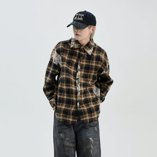 Raw Edge Collar Plaid Long Sleeve Shirt WN8832