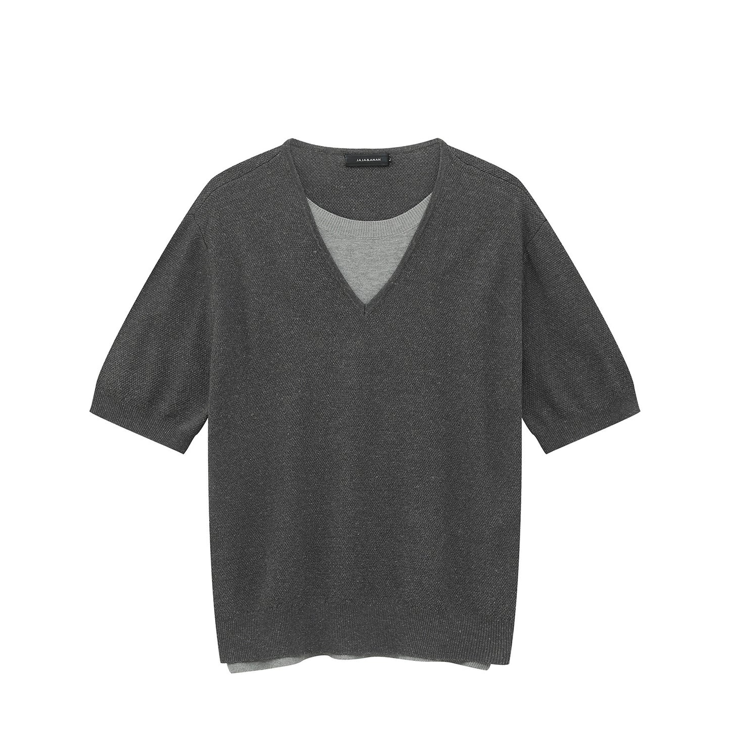 Fake Layered V-Neck Short Sleeve Summer Knit Sweater WN25035