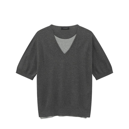 Fake Layered V-Neck Short Sleeve Summer Knit Sweater WN25035