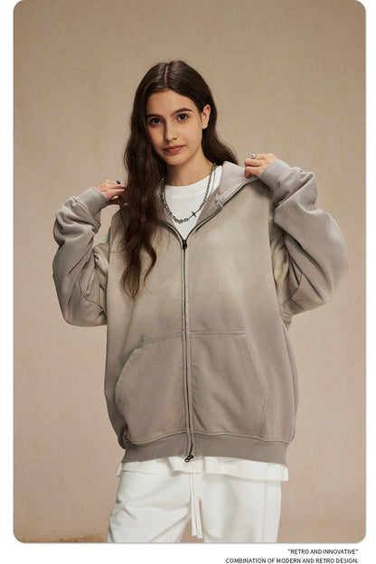 Spray-Dye Washed Oversize Zipper Hoodie WN10009