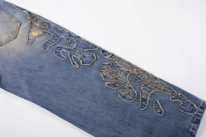 Frayed Applique Embroidery Washed Wide Leg Denim Jeans WN27833
