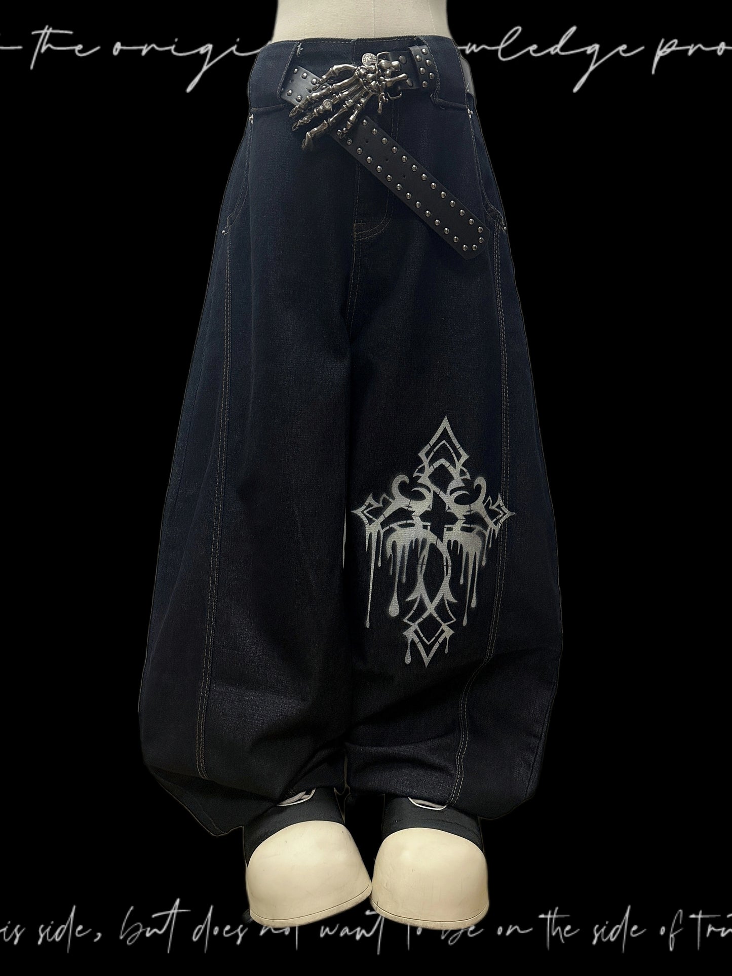 Ink Drop Thorn Scimitar Cross Wide Leg Denim Jeans & Skull Belt & Scarf WN20120
