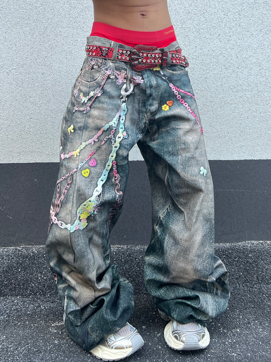 Chain Decoration 3D Print Washed Wide Leg Denim Jeans & Half Denim Jeans WN24063