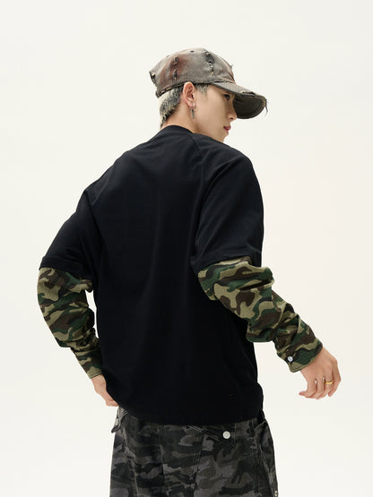 Camouflage Patchwork Fake Layered Long Sleeve T-shirt WN8418