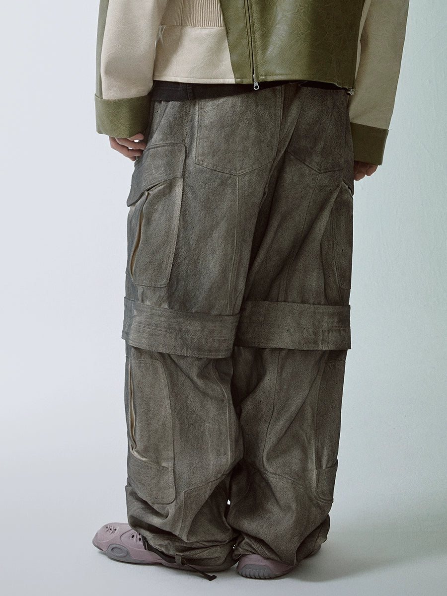 Washed Multi-Pocket Wide-Leg Straight Cargo Pants WN12266