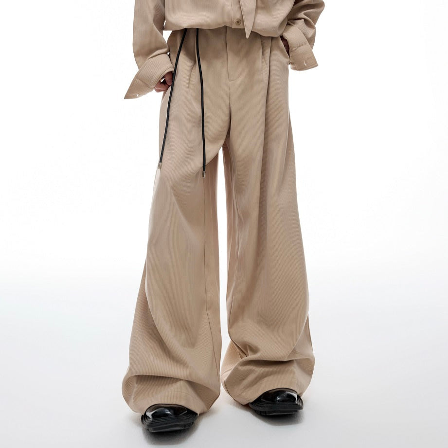 Ribbon Tie Shoulder-Pad Long Sleeve Shirt & Wide Leg Pants Setup WN20528