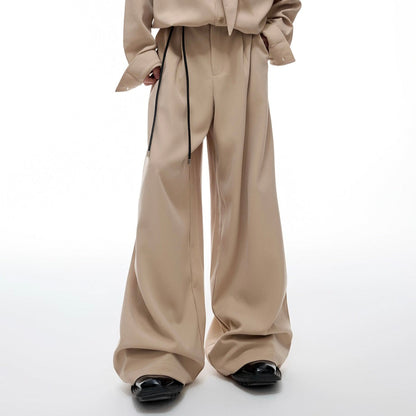 Ribbon Tie Shoulder-Pad Long Sleeve Shirt & Wide Leg Pants Setup WN20528