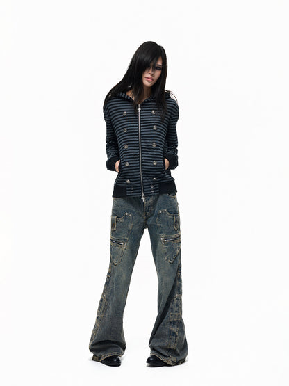 Stripe Decorative Button Cross Zipper Pull Zipper Hoodie WN27308
