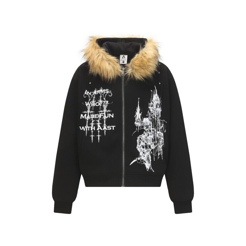 Fake Fur Collar Gothic Graphic Print Hoodie WN24283