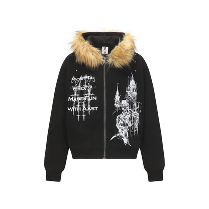 Fake Fur Collar Gothic Graphic Print Hoodie WN24283
