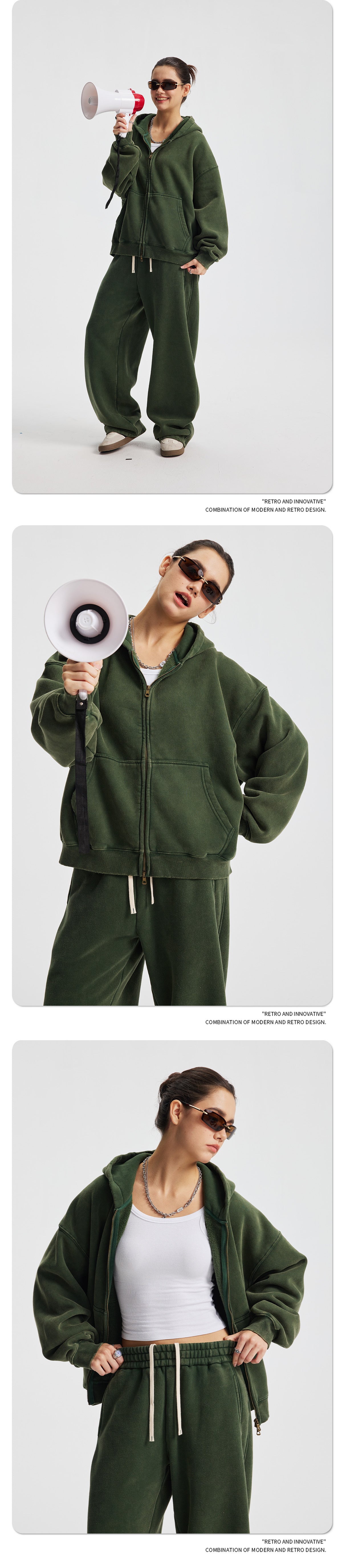 Fleece Lining Zip-Up Wax Dye Zipper Hoodie & Wide Leg Pants Sweatpants WN23112