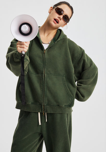 Fleece Lining Zip-Up Wax Dye Zipper Hoodie WN23111