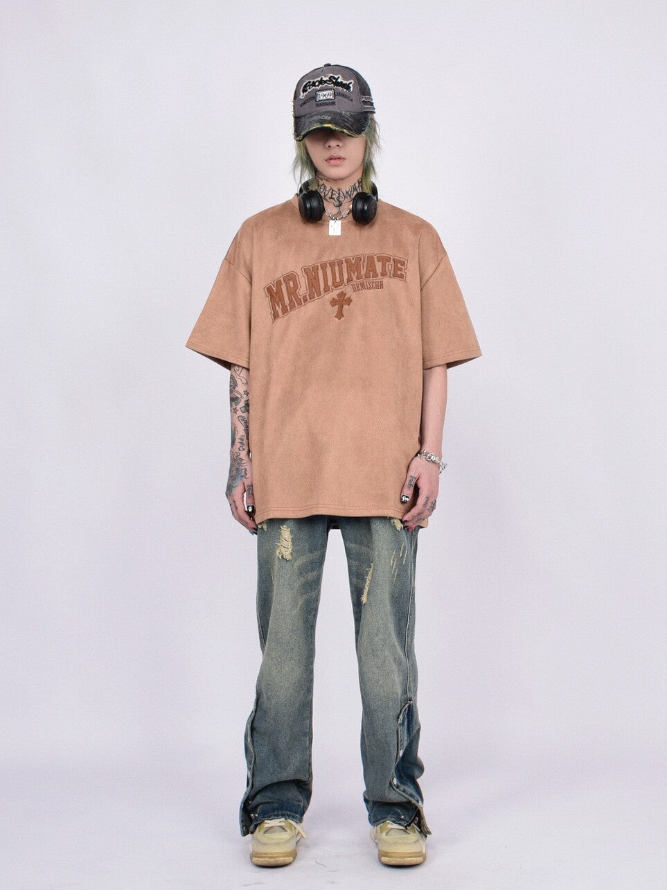 Suede Embroidery Oversize Short Sleeve T-Shirt WN24409
