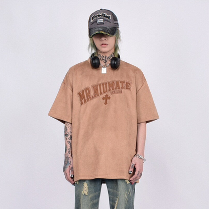Suede Embroidery Oversize Short Sleeve T-Shirt WN24409