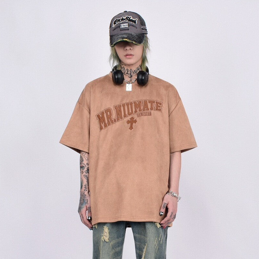 Suede Embroidery Oversize Short Sleeve T-Shirt WN24409