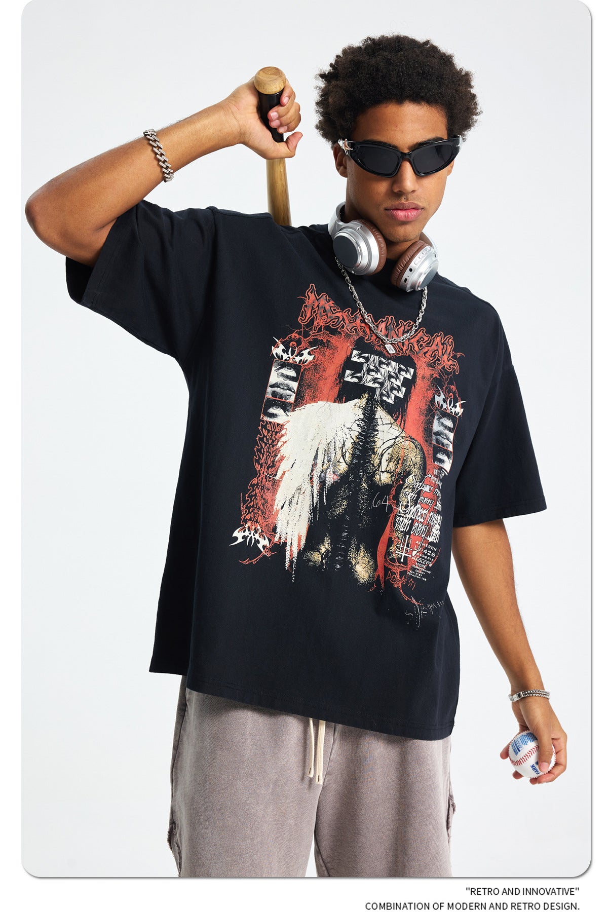 Washed Wax Dye Graphic Print Oversize Short Sleeve T-Shirt WN16250