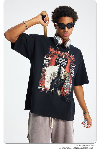 Washed Wax Dye Graphic Print Oversize Short Sleeve T-Shirt WN16250