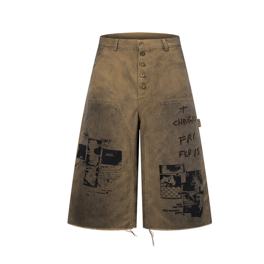 Washed Portrait Letter Print Denim Half Jeans WN25423
