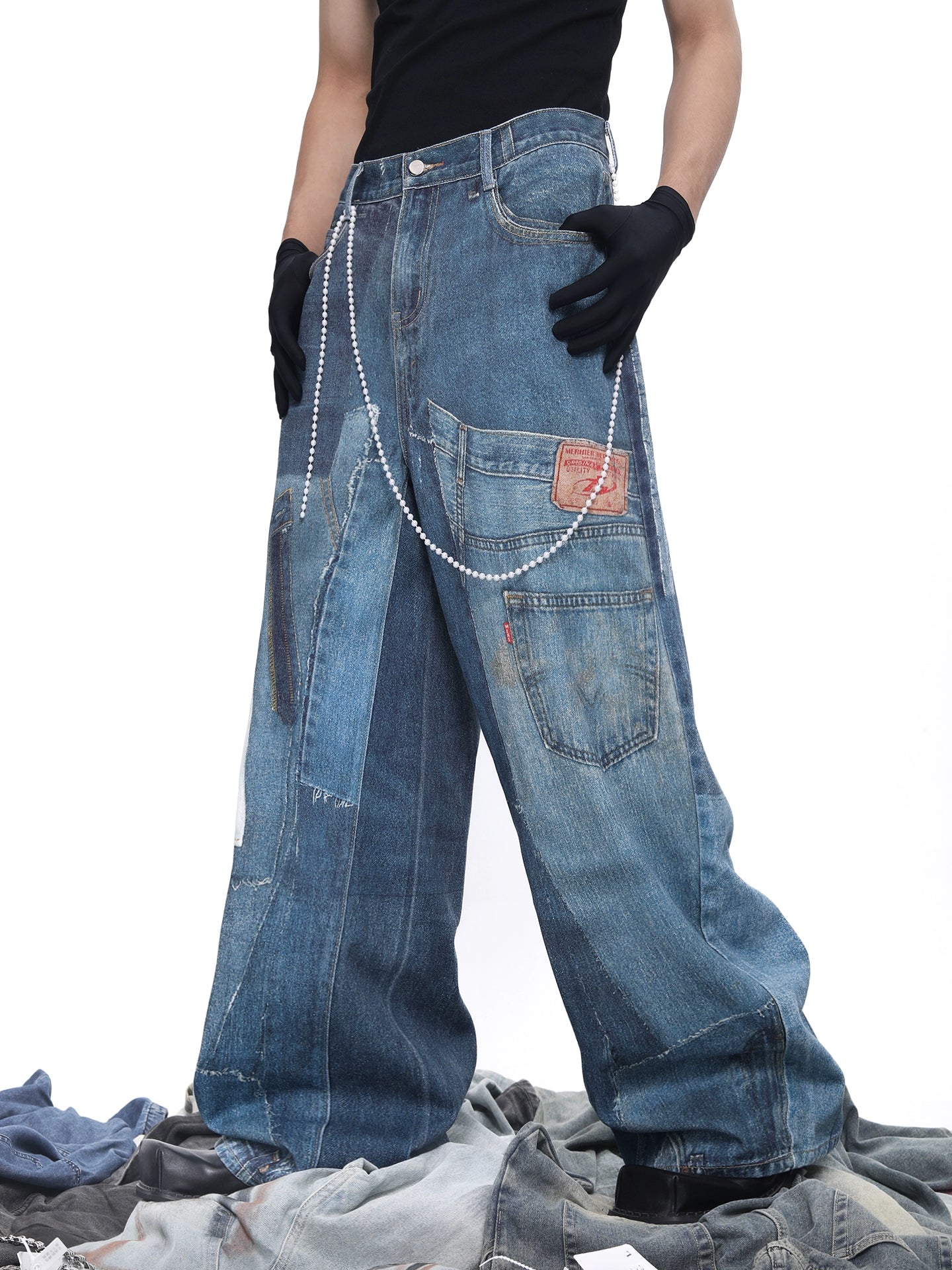 Patch 3D Print Color Block Wide Leg Denim Jeans WN18683