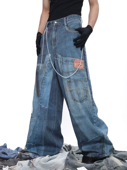 Patch 3D Print Color Block Wide Leg Denim Jeans WN18683