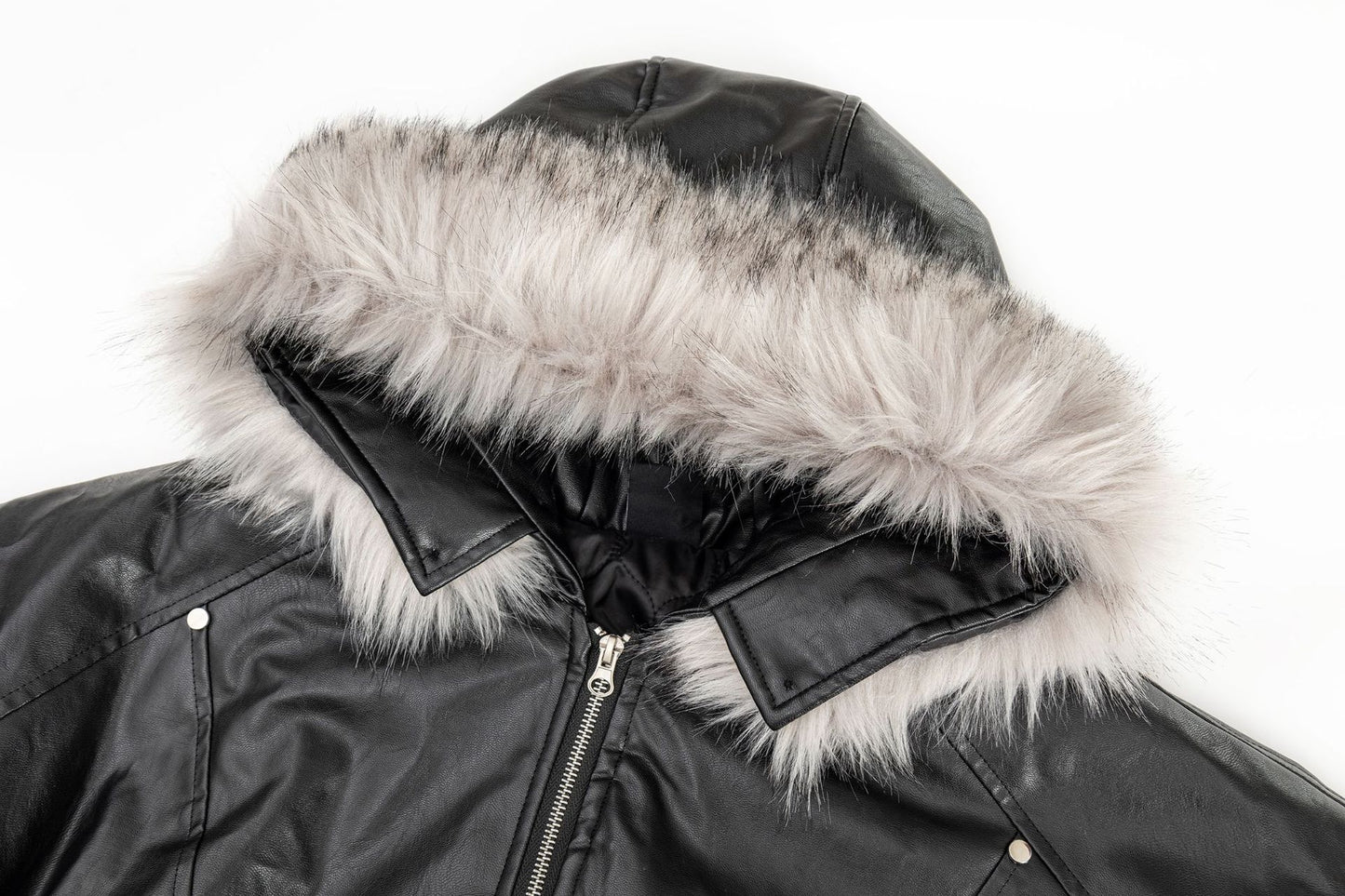 PU Leather Detachable Fur Collar Padded Parker Jacket WN11312