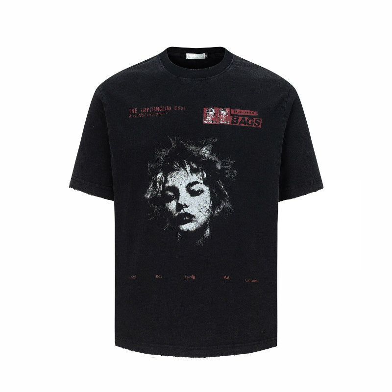 Portrait Print Wash Damage Short Sleeve T-Shirt WN24265