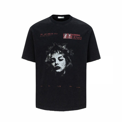 Portrait Print Wash Damage Short Sleeve T-Shirt WN24265