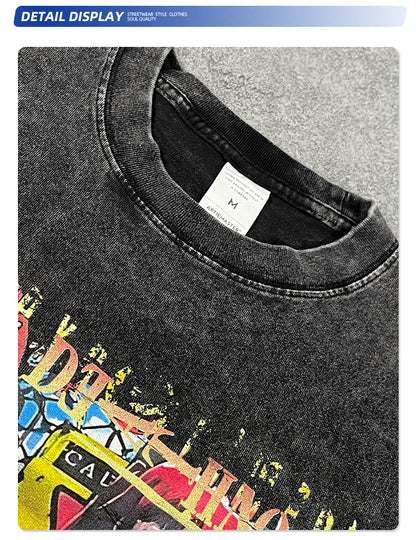 Cartoon Girl Print Washed Short Sleeve T-Shirt WN16269