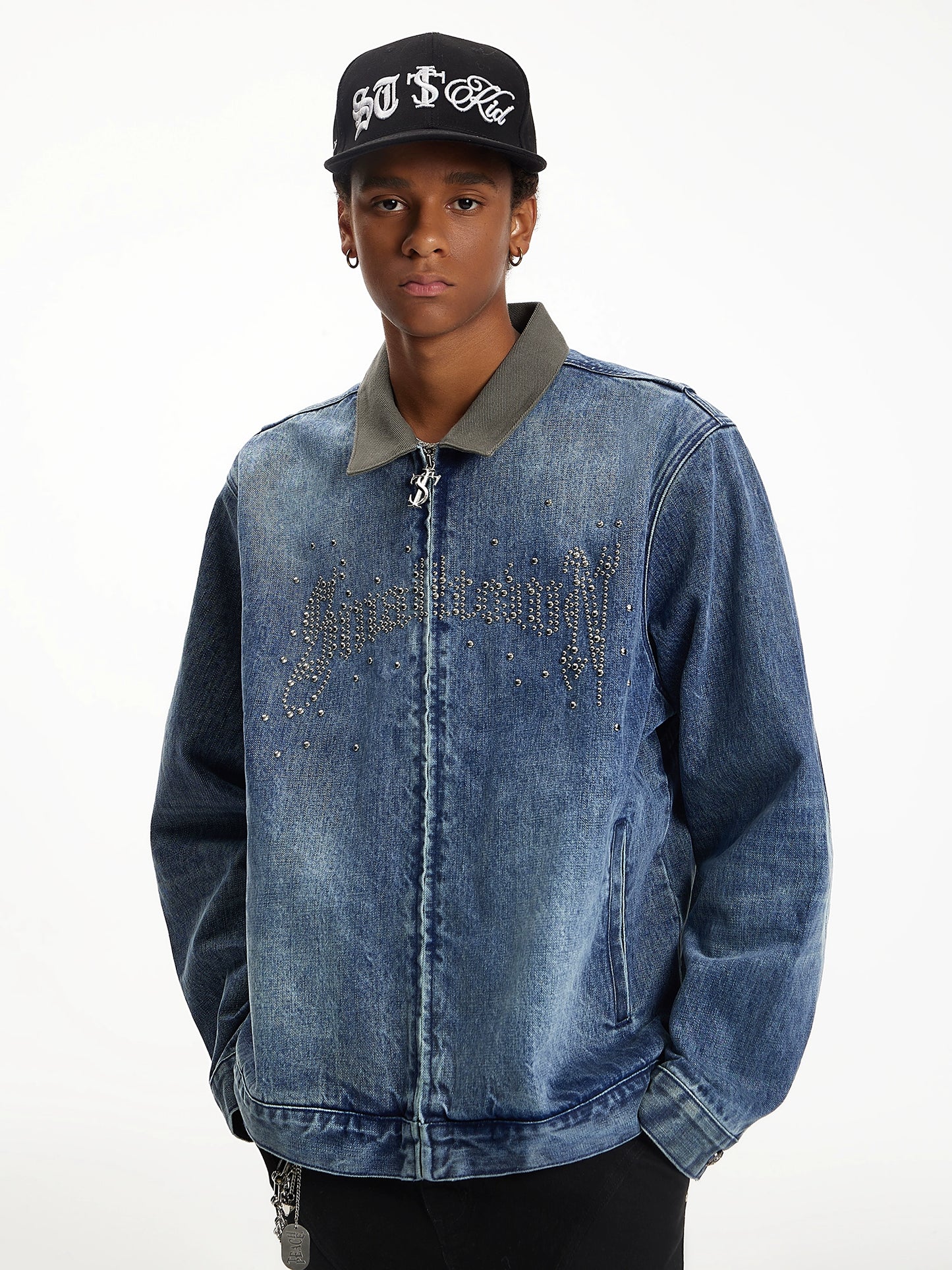 Patchwork Collar Washed Rivet Denim Jacket WN11934