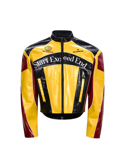 Logo Embroidery Stand Neck PU Leather Short Jacket WN21807