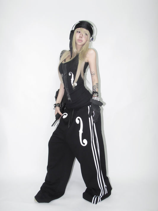 Side Stripe Musical Symbol Print Wide Leg Sweatpants WN27216