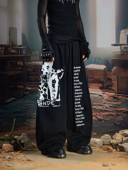 Letter Portrait Print Strap Wide Leg Sweatpants WN21353