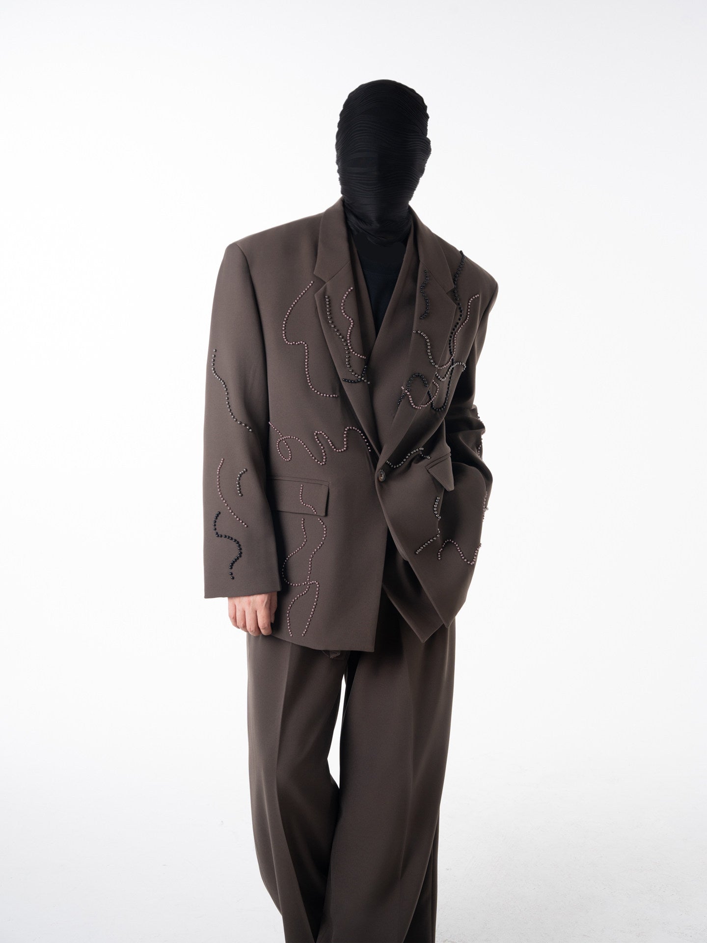 Studs Wave Design Tailored Jacket & Wide Pleats Trousers Setup WN23621