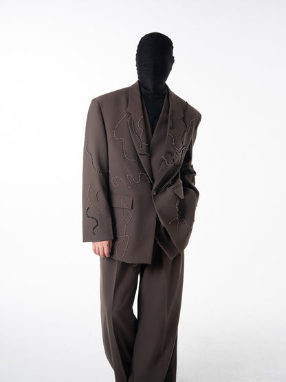 Studs Wave Design Tailored Jacket & Wide Pleats Trousers Setup WN23621