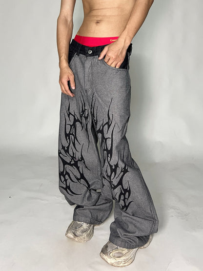 Thorn Spliced Design Wide Leg Straight Denim Jeans WN24092