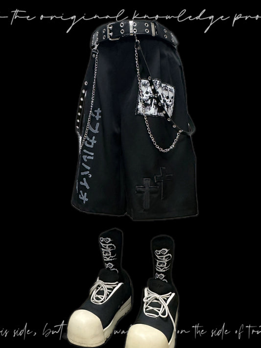Graphic Letter Patchwork Pocket Tailored Half Pants & Belt & Chain WN20133