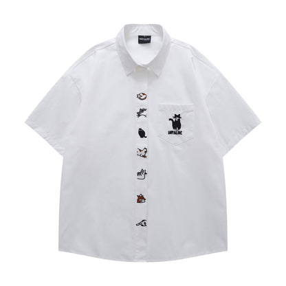 Cat Embroidery Oversize Short Sleeve Shirt WN26845